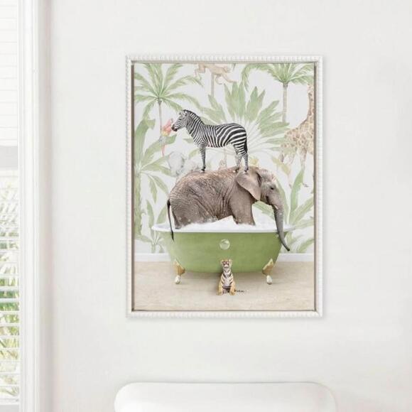 Kate and Laurel Sylvie Beaded Safari Animals in Bath Framed Canvas Wall Art - Picture 3 of 4